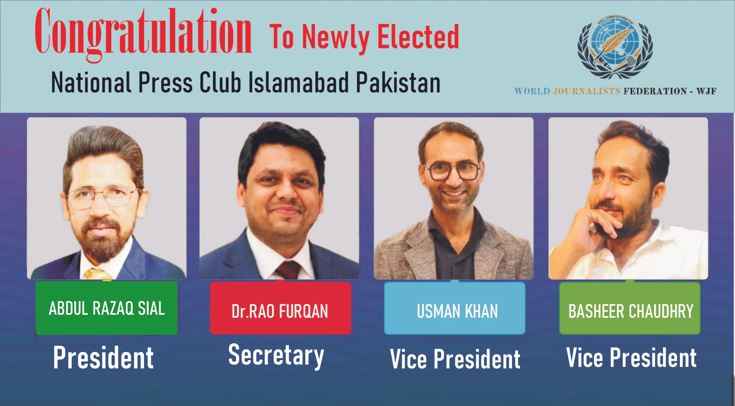 World Journalists Federation Felicitates New Leadership at National Press Club Islamabad